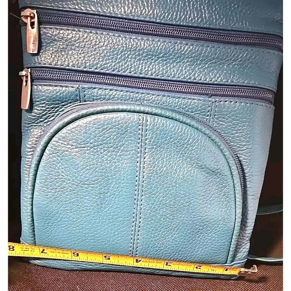 Genuine Cross Body Purse Bag, Multi-Pocket Teal Aqua Blue